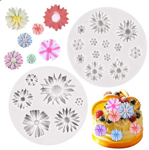 LUMOOM 2 Stück Gänseblümchen Silikonform, Silikonformen Blumen, Silikon Blumen Fondant Formen, 3d Silikon Sommer Blume Gießformen, Blumenform für Cupcake Topper, Kuchendekoration