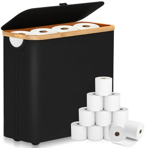 KDISHKRA 28L Cestino per Carta Igienica con Coperchio, Pieghevole Portaoggetti Contenitore Carta Igienica in Bambù per 9~12 Rotoli Carta, Porta Carta Igienica, Organizer da Bagno e Casa (Nero)