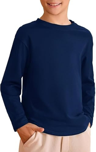 Haloumoning Pojkar t-shirt barn långärmad rund hals toppar enfärgad basic långärmad skjorta fritid sport t-shirts toppar, Mörkblå, 7-8 år