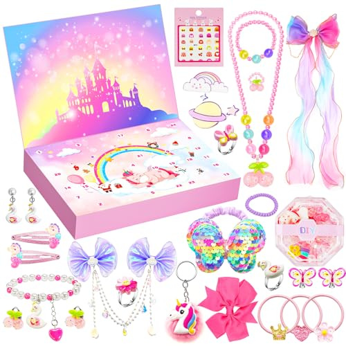 Adventskalender 2026 Kinder Mädchen Weihnachten Countdown Kalender Mädchen Haarschmuck Halsketten DIY, 24 Füllung Adventskalender Schmuck Weihnachtskalender mädchen 3-12 Jahre Überraschungsgeschenk