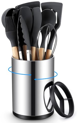 Zaxiva Escurridor de Cubiertos, Soporte para Utensilios de Cocina Acero Inoxidable, Organizar Giratorio para Utensilio de Cocina con 3 Compartimentos y con Orificio de Drenaje, Para Cuchillo, Tenedor