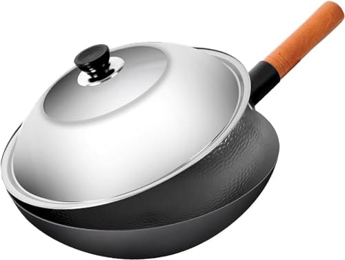Wokpfanne aus Gusseisen, antihaftbeschichteter Wok mit rundem Boden, Wok mit Deckel aus gehärtetem Glas, breite Griffe aus Massivholz, großer, tiefer Wok, nur für die Verwendung mit o(40cm)