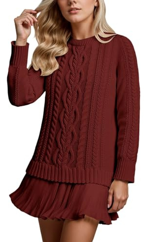 Set vestito in maglia da donna con maglione a motivo intrecciato e gonna plissettata - Outfit in due pezzi dal look a strati | Set elegante per autunno e inverno, L