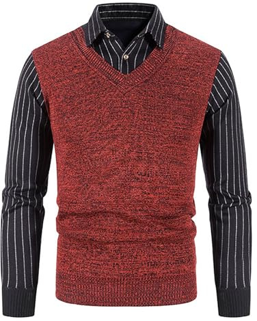 Mock tröja för män – 2-i-1 pullover med skjortkrage, vinter varm v-ringad stickad kofta, långärmad mock-skjortor stickad jumper för män, Röd, L