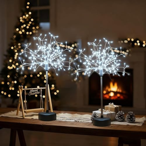 CHENRI 2PCS Nest and Flowers Table Lights Fireworks, 120 LED Mini Table Starburst Silver Lights, Firework Centerpiece Light, Battery Operated LED Table Lamp for Christmas Decor (White)