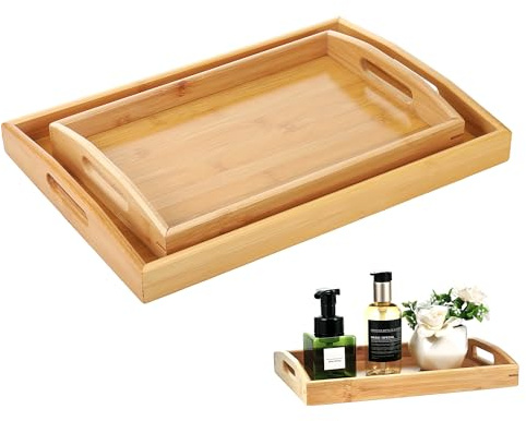 Bandeja Madera Rectangular 2PC, Bandeja Bambu Natural con Asas, Bandejas para Servir Comida para Té Café, Bandejas de Madera para Decorativas Exhibición y Comida (40 x 28cm & 33 x 22cm)