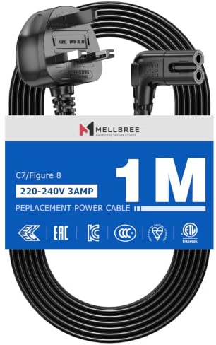 Power Cable Compatible with Samsumg TV 1M, Mellbree Quality Safe Right Angle Suitable for Awkward Space Figure 8 Power Cable Compatible with Samsung, LG, Panasonic TV Black