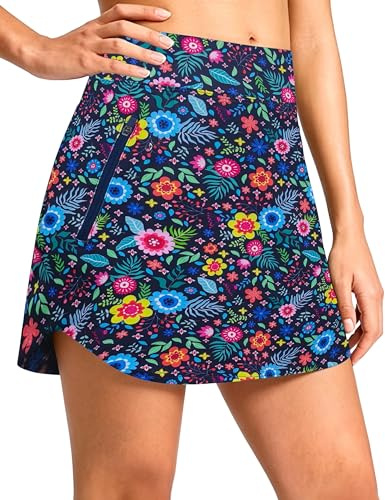 Timuspo Falda pantalón para mujer, con bolsillos con cremallera, falda corta, de cintura alta, falda de tenis, transpirable, con dobladillo redondeado, Flores Coloridas Armada, L