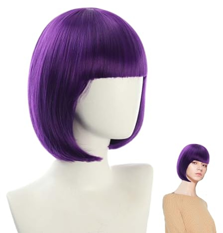 Parrucca corta viola Parrucca 12 pollici diritta viola scuro con frangia Fibra sintetica resistente al calore regolabile traspirante dall'aspetto naturale per Halloween, feste, cosplay..