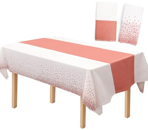 2er Roségold Weiß Tischdecke mit Tischläufer Motiv,137 x 274 cm Wasserdicht Einweg Tischdecke Geburtstag,Party Tischdecken Rechteckig Plastiktischdecke Rosa für Gartenparty Picknick Tischdeko