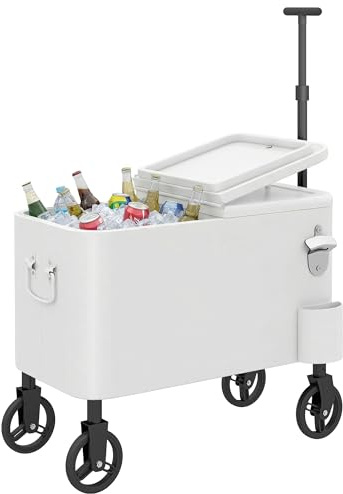 Outsunny Carrito Nevera con Ruedas de 56L Abrebotellas 75x35x120 cm Blanco | Carro de Bebidas, Mango Ajustable, Recogetapas, Drenaje y Asa, Mesa Nevera Jardín Exterior, Patio, Fiesta, BBQ