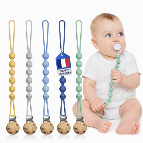 Attache Tetine (5 Couleurs) Attache Sucette [Société Française] | Accroche Tétine Bebe - Cordon En Silicone de Haute Qualité Testé & Approuvé (Mauve/Gris/Bleu/BleuFoncé/Vert)