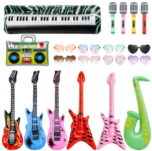 20 PCS Inflatable Party Props Set, 80s 90s Themed Inflatable Instruments | Inflate Guitar Bass Microphone, Radio Piano Glasses, for Disco Birthday Carnival Photo Booth Family Party Decoration