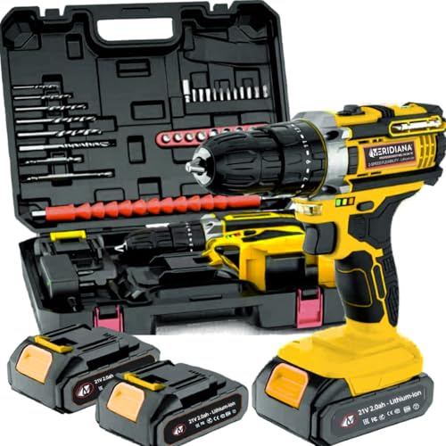 Meridiana - Set Trapano Avvitatore a Batteria, 21V Trapano a Percussione, con 2 Batterie, Bussole, Inserti Torx,2 Velocità, LED Luce e Prolunga Flessibile per Montaggio, Riparazioni e Manutenzione.