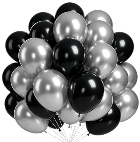 Globos negros y plateados, 60 globos de helio negro mate, globos de látex plateado metálico, globos de 30,5 cm para fiesta de cumpleaños, bodas, jubilación, graduación, Año Nuevo, aniversario, año