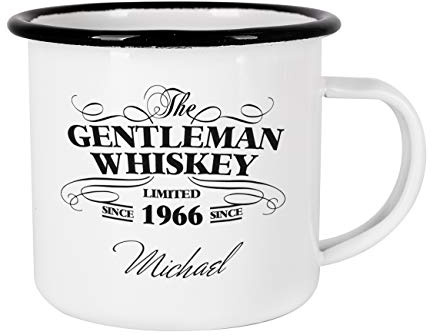 Herz & Heim® Vintage Emaille Whisky Tasse - Gentleman Whiskey Design - mit Wunschnamen und Geburtsjahr