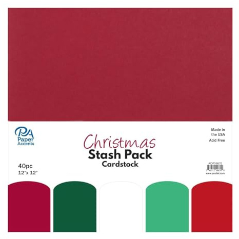 PA Paper Accents Stash Pack Cardstock Pack 12 x 12 Christmas colored cardstock paper for card making, scrapbooking, printing, quilling and crafts, 65lb., 40 pieces