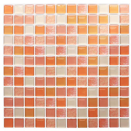 Yoillione 3D Mosaic Tile Sticker Removable Wallpaper Tile Orange, 3D Self Adhesive Wall Tiles Bathroom Wall Tiles for Kitchen Backsplash Orange, PVC Square Decorative Vinyl Decals, 4 Sheets