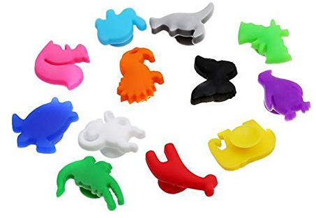 Brussels 08 Lot de 12 marqueurs de verre à vin en silicone avec ventouse Motif animal dessiné