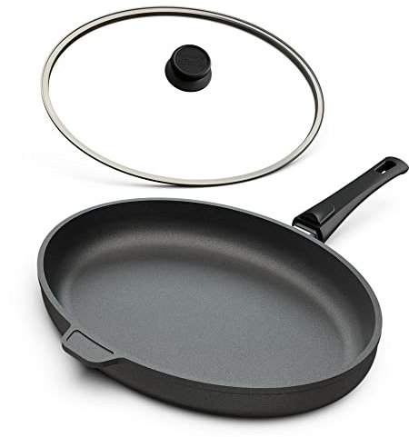 Hoffmann Fischpfanne 39 x 29 cm Oval mit Deckel Induktionsgeeignet I Backofengeeignet bis 280 Grad I Schnitzelpfanne beschichtet Induktion I Bratpfanne Backofen Ceranfeld Glasdeckel