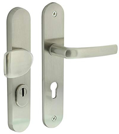 Schutzbeschlag Sicherheitsbeschlag Freiburg PZ-Lochung Knopf-Drücker Türdrücker Türbeschlag Wechselgarnitur Langschildgarnitur mit Kernziehschutz (DIN 10/92, Edelstahl Optik)