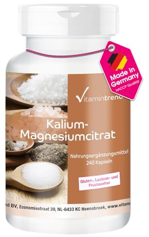 Vitamintrend Kalium-Magnesiumcitrat 900mg/240mg Tagesbedarf, 240 Kapseln, hochdosiert, Nahrungsergänzungsmittel vegan ohne Magnesiumstearat, in Deutschland hergestellt