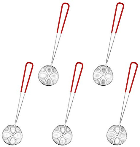 Spinnennetz-Schöpflöffel aus Edelstahl,QSXX 5 Stück Fondue Feines Sieb Schaumlöffel Küchenkelle aus Drahtnetz mit Roter Griff für das tägliche Fritieren, Dünsten und Schöpfen 6.5cmX27cm