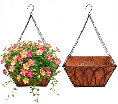 Hacaroa 2 Pack 30CM/12 Inch Square Metal Hanging Planter Baskets with Coco Coir Liners and Chains, Black Wire Hanging Flower Pot Holders for Indoor Outdoor Patio Garden Porch Balcony Decor