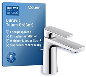 Duravit Tulum Waschtischarmatur, Größe S (Auslauf Höhe 97 mm), Wasserhahn Bad mit Zugstangen-Ablaufgarnitur, Waschbecken Armatur, Chrom