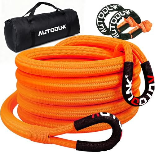 AutoDunk Corde de remorquage et de récupération cinétique de 1,9 cm x 6,1 m (8,5 kg), avec 2 manilles Souples (8,5 kg) pour camionnette 4 Roues motrices, VUS, ATV, UTV (Orange)