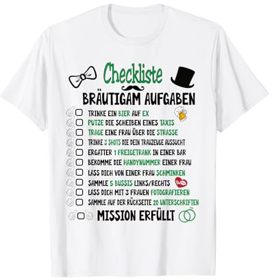 Junggesellenabschied Mann Kostüm & Polter Shirts Bräutigam Aufgaben Poltern JGA Checkliste T-Shirt für Herren, Weiß, Kurzarm, Crew-Ausschnitt, Small, Classic Fit