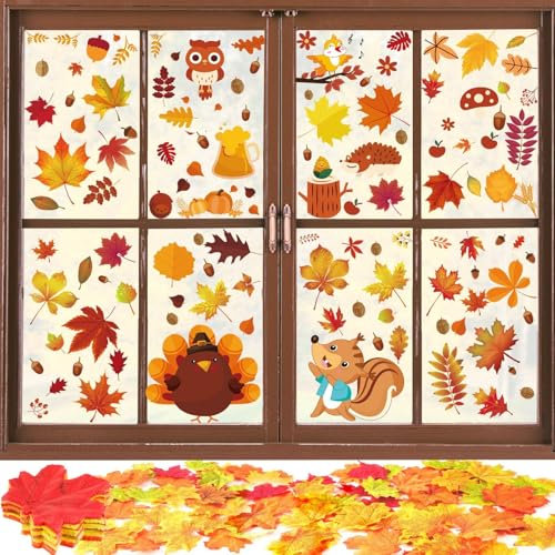 FLOFIA 6 Blatt Fenster Aufkleber Selbstklebend Herbst Fensterbilder mit 100Stk. Künstlich Ahornblätter Erntedankfest Herbstlaub Blätter Karneval Thanksgiving Deko Kürbis Eichhörnchen Abziehbilder