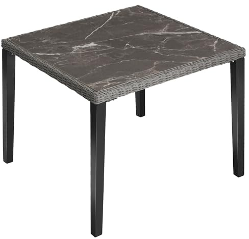 tectake® Tavolo in Rattan Taranto, Effetto Marmo, Telaio in Alluminio e Gambe in Legno Massiccio, Quadrato, per Giardino e Esterno, 93,5x93,5x75 cm, Cappucci in Plastica Antigraffio - Grigio