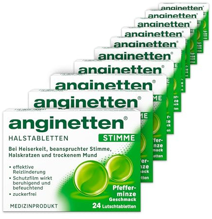 anginetten Stimme Lutschtabletten | bei Heiserkeit | 10 x 24 St | Mit Isländisch Moos & Hyaluronsäure, bei Halskratzen & trockenem Hals, zuckerfrei mit Pfefferminz, ab 6 Jahren