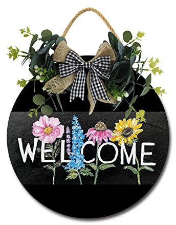 Floral Welcome Haustürschild, lustige Kränze zum Aufhängen, Holzschild, Dekoration, rund, rustikal, Holz, Bauernhaus, Veranda, Dekor für Zuhause, Haustür, 28,9 x 27,9 cm
