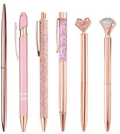 NyxSeat Lot de 6 stylos à strass, or rose, métal, fournitures de bureau et d'école, cadeaux adaptés pour les filles et les femmes