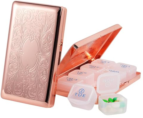 Tablettenbox 7 Tage 8 Fächer, Reise Metall Pillenbox.BPA-freier Tragbarer Pillenbox für Medikamenten (Gemustert Rosa, Groß)