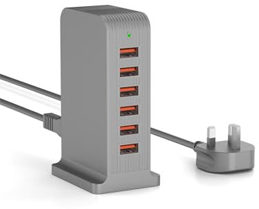 LEENFAER USB Charger 6 Port 50W Multi USB Tower Charging Station for iPhone 15/15 Pro/15 Pro Max/iPhone 14/14 Pro/14 Pro Max/13 Pro/13 Pro Max/Android/Samsung/iPad,etc (gray)