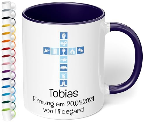 Christliches Geschenk: Tasse personalisiert „Kreuz“ – 3 Motive, Name, 2 Zeile Wunschtext – Keramik 330ml Geschenk Kommunion Konfirmation Firmung Taufe Mädchen Jungen (Kobaltblau)