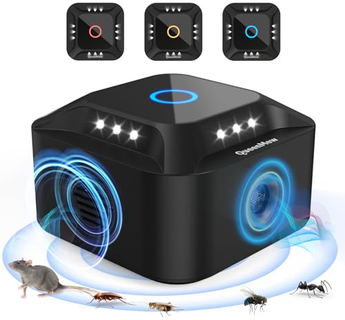 Ultrason Souris et Rats, Repulsif Souris Ultrasons 360° Anti Souris avec Lumière LED Appareil Ultrason pour Nuisible Rongeurs Plug in Répulsif Intérieur Dispositif Anti Nuisible Cafards pour Jardin