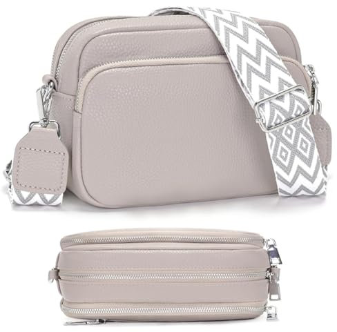 Kavjizy Crossbody Bag Damen PU Kleine Umhängetasche mit Reißverschluss und Abnehmbar Breitem Gurt Schultergurt, Veganes Leder Handtasche Damen Klein Handytasche zum Umhängen (Grau)