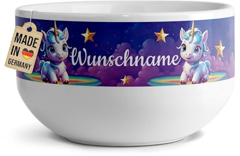 Print Royal PR Kinder-Müslischale mit Name personalisiert - Wolken Einhörner - Geschenk für Mädchen, Kindertag, Weihnachten, Geburtstag | Keramik Schüssel selbst gestalten, 500 ml