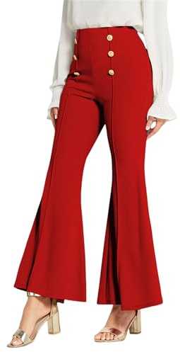 Pantalon large à boutons pour femme, pantalon évasé extensible à double boutonnage, pantalon marin à jambe large pour femme, Rouge, L