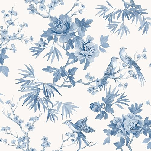 SOPHIE LAURENCE Amie Jardin Chinoiserie Papier peint floral bleu, oiseaux et fleurs, décoration inspirée de la nature, rouleau de 10 m