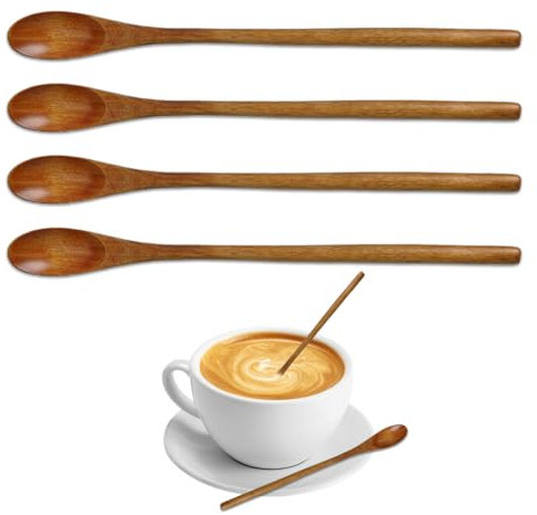 SIRLOMU 4 pezzi cucchiaio di legno naturale con lungo manico per caffè, tè freddo e bevande calde (marrone scuro)