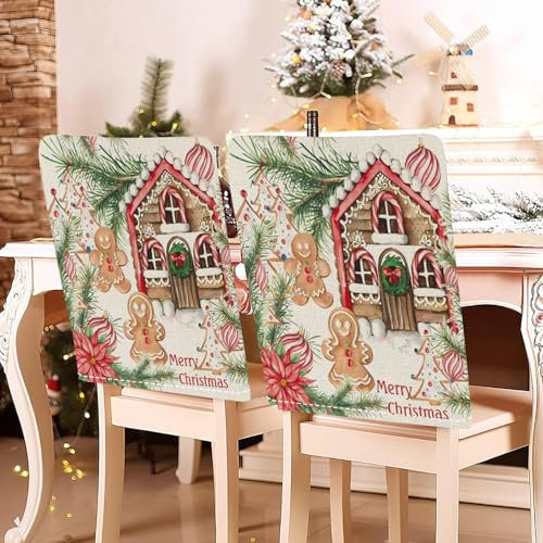 Hiseng Weihnachten Stuhlhussen Rosa Stuhlrückenbezug 2/4/6/8er Set, 58x49cm Schutzhülle Baumwoll-Leinen Weihnachten Dekoration für Esszimmerstühle, Party (6er Set,Lebkuchenmann 1)