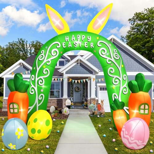 Kalolary 12FT Easter Inflatables Outdoor Decorations, Carrot Colorful Eggs Rabbit Ears Arch with LEDs Blow Up Yard Decorations Inflatable for Indoor Outdoor Lawn Garden (12FT Green Ear Arch)