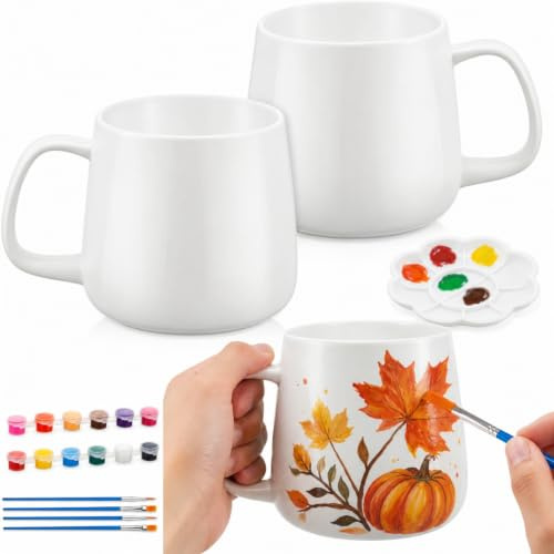 Geiserailie 2 Stück Keramik Tassen Bemalen Set Bemalbare Tassen Malset 2 Becher 4 Pinsel Lustiges Zuhause Geschenk DIY für Paare Freundin Familie Geburtstag Ostern Valentinstag(Trommelstil)