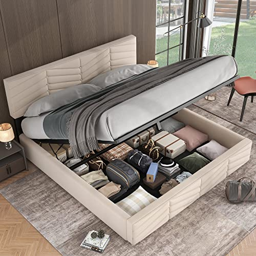 Zenithpath Bett 180x200cm, Polsterbett aus Velvet Kopfteil Höhenverstellbar Hydraulisch Bett mit Stauraum, Doppelbett Bettgestell ohne Matratze