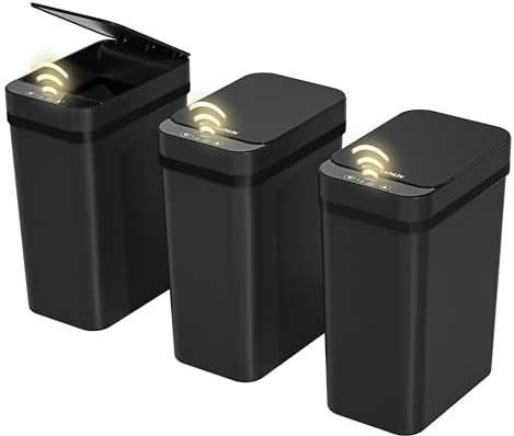 FRESHLIX 3 Pack Bathroom Trash Can 2.6 Gallon Small Touchless Automatic Motion Sensor Trash Cans Slim Waterproof Garbage Bin with Lid for Kitchen, Office, Bedroom Black